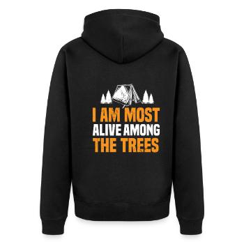 Ich bin am lebendigsten unter den Bäumen. - Unisex Premium Bio Zip Hoodie - Schwarz - Hinten - Nico (187cm)