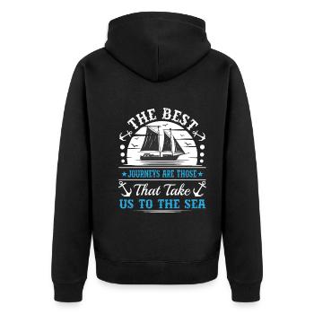 Die besten Reisen sind die, die uns in den Nahen Osten führen - Unisex Premium Bio Zip Hoodie - Schwarz - Hinten - Nico (187cm)