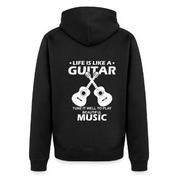 Das Leben ist wie eine Gitarre, stimme sie gut, um Schönheit zu spielen - Unisex Premium Bio Zip Hoodie - Schwarz - Hinten - Nico (187cm)