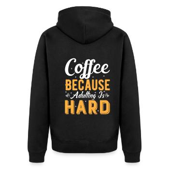 Kaffee: Weil das Erwachsenwerden schwer ist. - Unisex Premium Bio Zip Hoodie - Schwarz - Hinten - Nico (187cm)