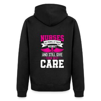 Krankenschwestern sehen Menschen von ihrer schlimmsten Seite und geben trotzdem - Unisex Premium Bio Zip Hoodie - Schwarz - Hinten - Nico (187cm)