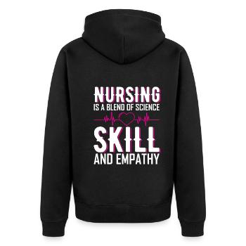 Krankenpflege ist eine Mischung aus Wissenschaft, Geschicklichkeit und Einfühlungsvermögen. - Unisex Premium Bio Zip Hoodie - Schwarz - Hinten - Nico (187cm)