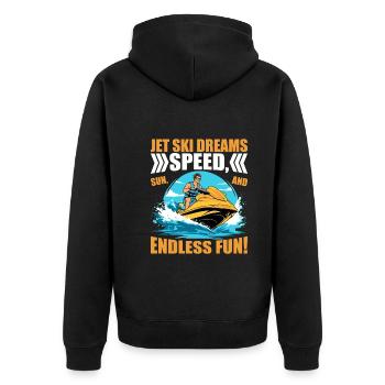 Jet Ski dreams: speed, sun, and endless fun! - Unisex Premium Organic Zip Hoodie - black - Back - Nico (187cm)