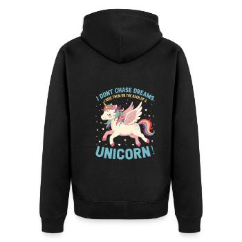 Ich jage keinen Träumen hinterher, ich reite sie auf dem Rücken eines - Unisex Premium Bio Zip Hoodie - Schwarz - Hinten - Nico (187cm)