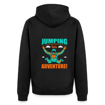 Stürze dich ins Abenteuer! - Unisex Premium Bio Zip Hoodie - Schwarz - Hinten - Nico (187cm)