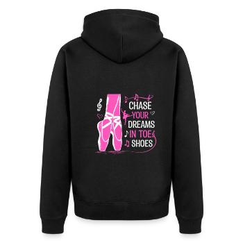 Verfolge deine Träume in Zehenschuhen - Unisex Premium Bio Zip Hoodie - Schwarz - Hinten - Nico (187cm)