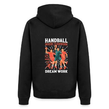 Handball: Wo Teamwork den Traum wahr werden lässt! - Unisex Premium Bio Zip Hoodie - Schwarz - Hinten - Nico (187cm)