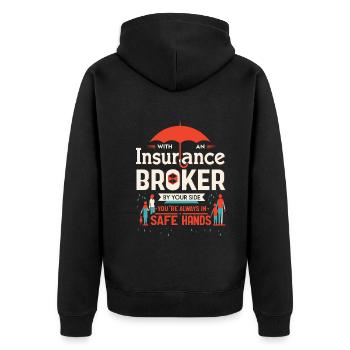 Mit einem Versicherungsmakler an Ihrer Seite sind Sie immer - Unisex Premium Bio Zip Hoodie - Schwarz - Hinten - Nico (187cm)