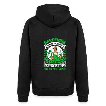 Gartenarbeit: Wo "Unkrautjäten" ein Training ist und "Zäunen" - Unisex Premium Bio Zip Hoodie - Schwarz - Hinten - Nico (187cm)