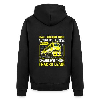 Alle an Bord des Abenteuer-Express – nächster Halt: wo - Unisex Premium Bio Zip Hoodie - Schwarz - Hinten - Nico (187cm)