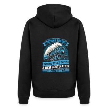 Driving Trains: Wo jeder Tag ein neues Schicksal ist - Unisex Premium Bio Zip Hoodie - Schwarz - Hinten - Nico (187cm)