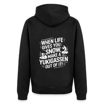 Wenn das Leben dir Schnee gibt, mach einen Yukigassen aus - Unisex Premium Bio Zip Hoodie - Schwarz - Hinten - Nico (187cm)