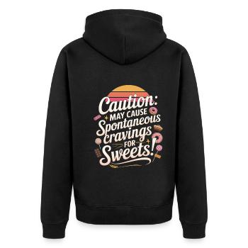 Achtung: Kann spontanes Verlangen nach Süßem verursachen - Unisex Premium Bio Zip Hoodie - Schwarz - Hinten - Nico (187cm)