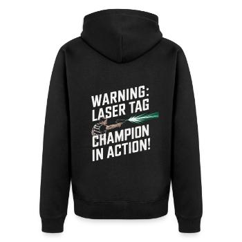 Achtung: Lasertag-Champion in Aktion! - Unisex Premium Bio Zip Hoodie - Schwarz - Hinten - Nico (187cm)