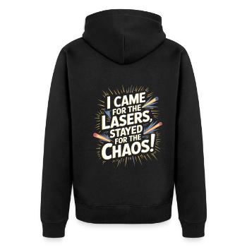 Ich bin wegen der Laser gekommen, bin wegen des Chaos geblieben! - Unisex Premium Bio Zip Hoodie - Schwarz - Hinten - Nico (187cm)