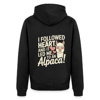 Ich folgte meinem Herzen, und es führte mich zu einem Alpaka! - Unisex Premium Bio Zip Hoodie - Schwarz - Hinten - Nico (187cm)