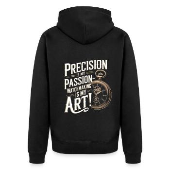 Präzision ist meine Leidenschaft – Uhrmacherei ist meine Kunst! - Unisex Premium Bio Zip Hoodie - Schwarz - Hinten - Nico (187cm)