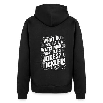 Wie nennt man einen Uhrmacher, der Witze erzählt? A t - Unisex Premium Bio Zip Hoodie - Schwarz - Hinten - Nico (187cm)