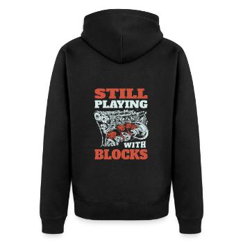 Ich spiele immer noch mit Motorblöcken - Unisex Premium Bio Zip Hoodie - Schwarz - Hinten - Nico (187cm)