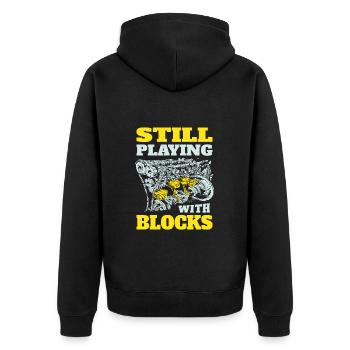 Ich spiele immer noch mit Motorblöcken - Unisex Premium Bio Zip Hoodie - Schwarz - Hinten - Nico (187cm)