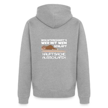 "Hauptsache ausschlafen". (Ideal für Studenten) - Unisex Premium Bio Zip Hoodie - Grau meliert - Hinten - Nico (187cm)