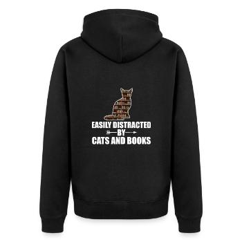 Leicht abgelenkt von Katzen und Büchern libarische T-Shirts - Unisex Premium Bio Zip Hoodie - Schwarz - Hinten - Nico (187cm)