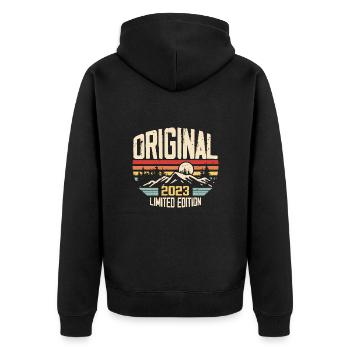 Nostalgisches Geburtstagsgeschenk 2023 2023 - Unisex Premium Bio Zip Hoodie - Schwarz - Hinten - Nico (187cm)