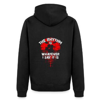 Drumset Silhouette mit Spiegelung lustiger Spruch - Unisex Premium Bio Zip Hoodie - Schwarz - Hinten - Nico (187cm)