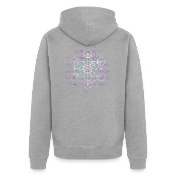 Fleur de la vie - Metatronwürfel libre - Veste à capuche bio Premium Unisexe - gris chiné - Dos - Nico (187cm)