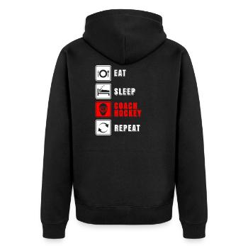 Eat Sleep Coach Hockey Repeat T-Shirt Trainer - Unisex Premium Bio Zip Hoodie - Schwarz - Hinten - Nico (187cm)