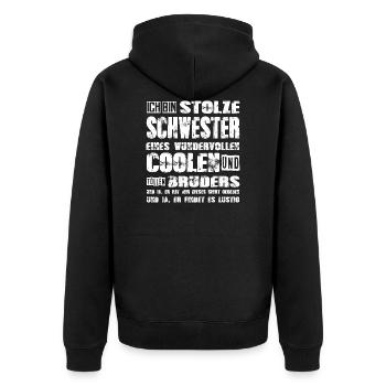 stolze Schwester eines lieben und tollen Bruders - Unisex Premium Bio Zip Hoodie - Schwarz - Hinten - Nico (187cm)