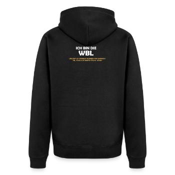 Wohnbereichsleitung WBL Recht Geschenk Pflege - Unisex Premium Bio Zip Hoodie - Schwarz - Hinten - Nico (187cm)