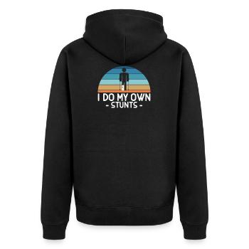 I Do My Own Stunts T-Shirt Beinbruch - Unisex Premium Bio Zip Hoodie - Schwarz - Hinten - Nico (187cm)