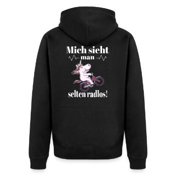 Einhorn auf einem Fahrrad mit einem Spruch - Unisex Premium Bio Zip Hoodie - Schwarz - Hinten - Nico (187cm)