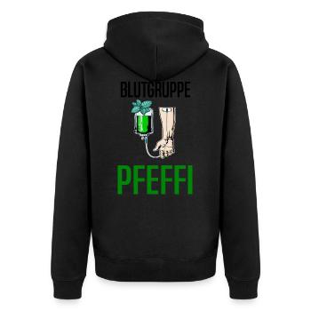 Blutgruppe Pfeffi - Suff Saufen Pfefferminzlikör - Unisex Premium Bio Zip Hoodie - Schwarz - Hinten - Nico (187cm)