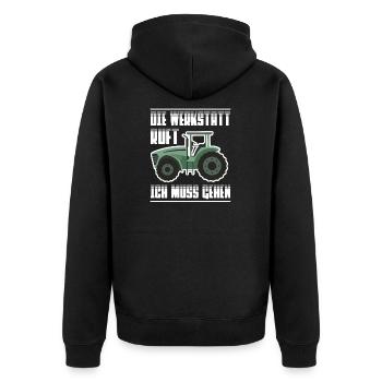 Die Werkstatt Ruft Ich Muss Gehen Landmaschinen - Unisex Premium Bio Zip Hoodie - Schwarz - Hinten - Nico (187cm)
