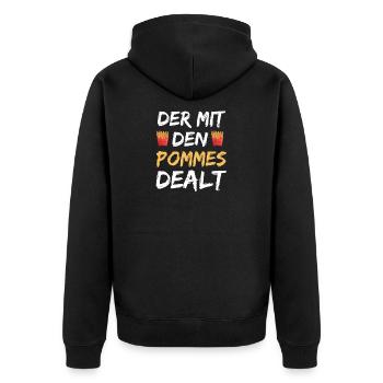 Der Mit Den Pommes Dealt | Pommes Verkäufer Pommes - Unisex Premium Bio Zip Hoodie - Schwarz - Hinten - Nico (187cm)