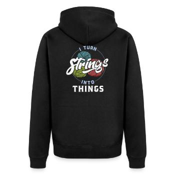 Knitting I Turn Strings into Things - Unisex Premium Bio Zip Hoodie - Schwarz - Hinten - Nico (187cm)