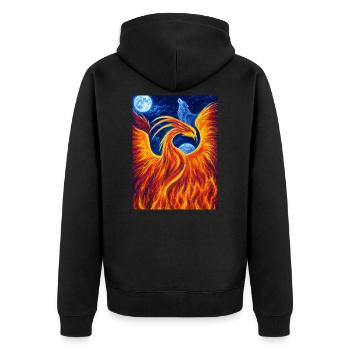 Flammender Phönix in der Nacht - Unisex Premium Bio Zip Hoodie - Schwarz - Hinten - Nico (187cm)