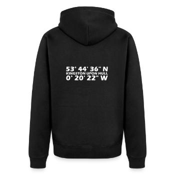 Kingston upon Hull Koordinaten - Unisex Premium Bio Zip Hoodie - Schwarz - Hinten - Nico (187cm)