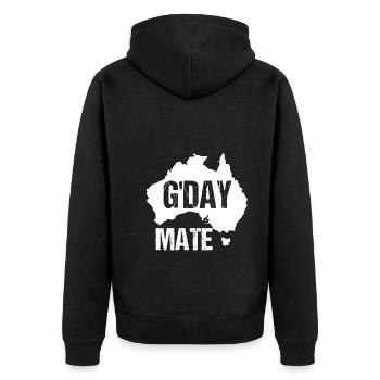 G'DAY MATE - Unisex Premium Bio Zip Hoodie - Schwarz - Hinten - Nico (187cm)