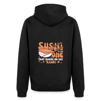 Sushi the only food that makes me say 'rawr! - - Unisex Premium Bio Zip Hoodie - Schwarz - Hinten - Nico (187cm)