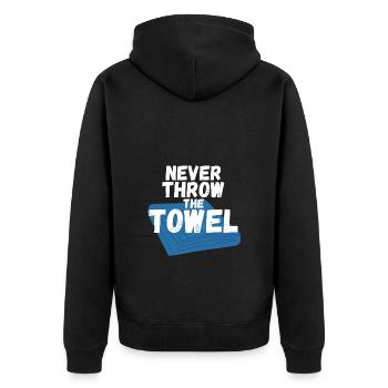 Never throw the Towel - Unisex Premium Bio Zip Hoodie - Schwarz - Hinten - Nico (187cm)