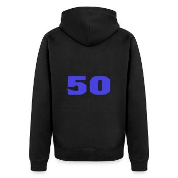 50. 50 JAHRE. 50-JÄHRIGES JUBILÄUM. 50-JÄHRIGES JUBILÄUM. - Unisex Premium Bio Zip Hoodie - Schwarz - Hinten - Nico (187cm)