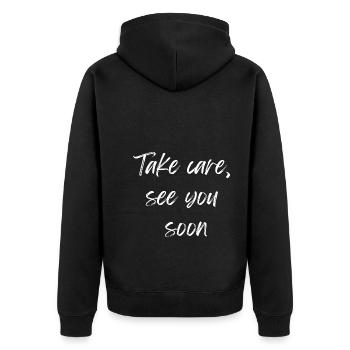 Pass auf dich auf - Wir sehen uns bald - Unisex Premium Bio Zip Hoodie - Schwarz - Hinten - Nico (187cm)