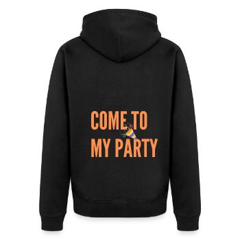 Komm zu meiner Party - Unisex Premium Bio Zip Hoodie - Schwarz - Hinten - Nico (187cm)