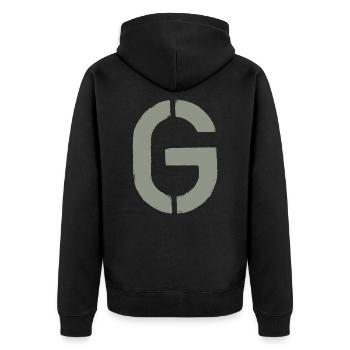 G - Schablonen- Buchstabe/ Stencil - KHAKI - Unisex Premium Bio Zip Hoodie - Schwarz - Hinten - Nico (187cm)