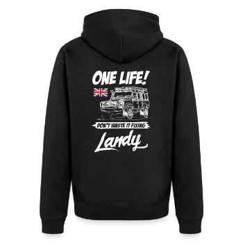 Dont Waste It Fixing Landy - Unisex Premium Bio Zip Hoodie - Schwarz - Hinten - Nico (187cm)