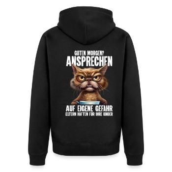 Katze Kaffee Morgenmuffel Bürohumor - Unisex Premium Bio Zip Hoodie - Schwarz - Hinten - Nico (187cm)