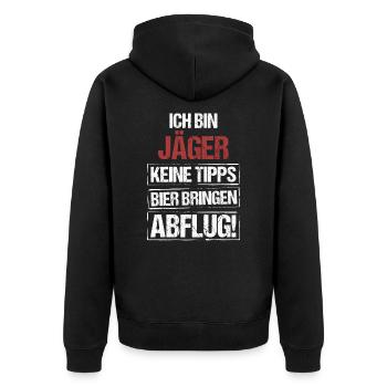 Ich bin Jäger - Bier bringen und Abflug - Unisex Premium Bio Zip Hoodie - Schwarz - Hinten - Nico (187cm)